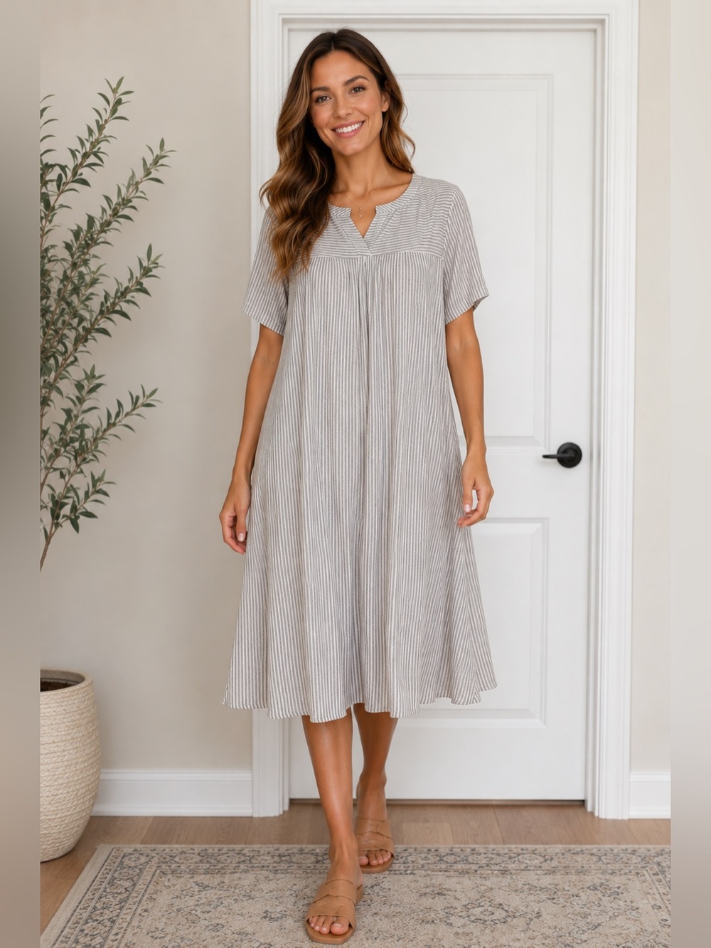 Southern lady size L Black and White Striped Short-Sleeve Swing Dress